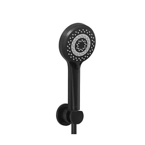 Schwarze Handbrause von Kludi mit runder Kopf- und gerader Halterung. Die Düse hat ein spiralförmiges Muster mit zahlreichen Wasserstrahlöffnungen.